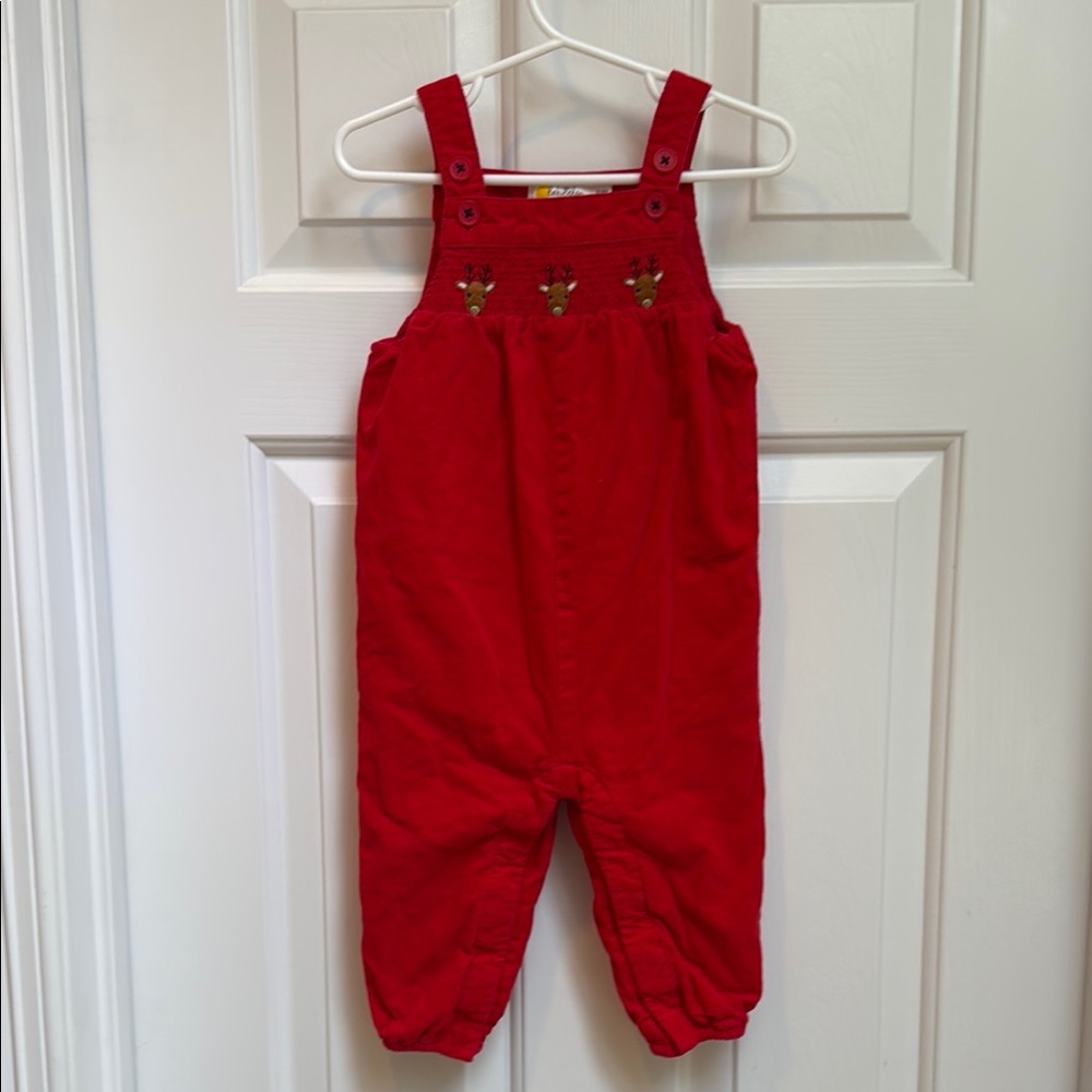 Mini Boden Red Reindeer Corduroy Overalls size  12-18 months Christmas